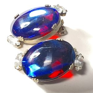 Vintage Mood Style Look Clip Earrings Red Back Blue Front Glass Unsigned